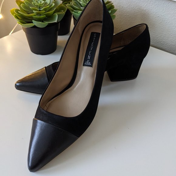 NWOT - STEVEN BY STEVE MADDEN- Joy Cap Toe Pump in Black Suede/Leather - Picture 1 of 6